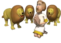 a cartoon of a man kneeling in front of three lions