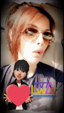 a woman wearing sunglasses is holding a pink heart with the letter lw on it