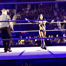 a female wrestler is standing in a wrestling ring with a referee