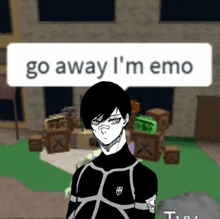 a drawing of a person with a speech bubble that says go away i 'm emo