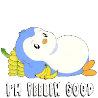 a penguin laying on a pile of bananas with the words " i 'm feelin good " above it