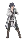 a man in a white coat and brown boots is standing in a video game .