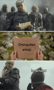 a man holding a piece of paper with orangutan emoji on it