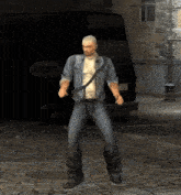 a man dancing in front of a squeaky van