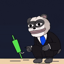 a cartoon drawing of a bear in a suit and tie pointing at a green object
