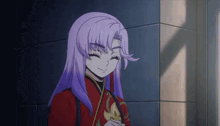 a girl with purple hair and a red shirt is smiling .