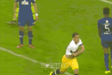 a soccer player with the number 5 on his jersey runs on the field