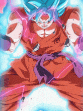 a drawing of a person with blue hair and red pants