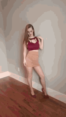 redhead short skirt nylons heels