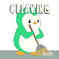 a green and white penguin is holding a broom and the word cleaning is above it