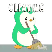 a green and white penguin is holding a broom and the word cleaning is above it
