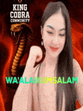 a woman is standing in front of a king cobra community logo