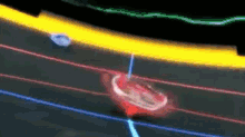 a person is playing a video game with a red and blue object in the middle of the screen .