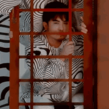 a man in a zebra print shirt is behind a red phone booth .