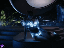 a woman in a futuristic outfit is kneeling down