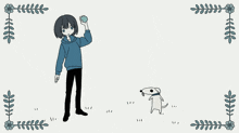 a drawing of a boy and a dog with a floral frame around them