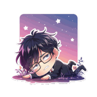 a sticker of a boy with glasses laying on the ground