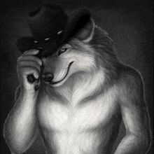 a black and white drawing of a wolf wearing a cowboy hat .