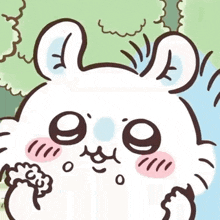 a close up of a cartoon drawing of a white rabbit with a tree in the background .