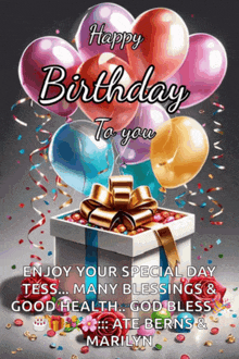 a birthday card for marilyn with balloons and a gift box