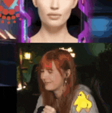 a woman with red hair and a yellow duck on her sleeve