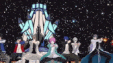 a group of anime characters are dancing in front of a throne with a starry sky behind them