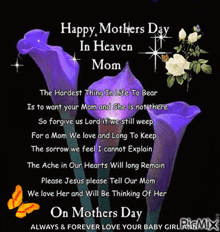 a happy mothers day in heaven mom card with purple flowers