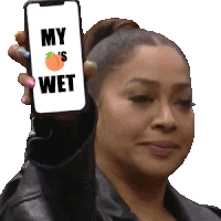 a woman is holding up a cell phone that says " my peach 's wet "