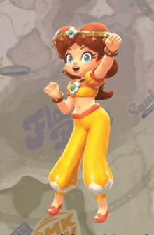a cartoon character is dancing in front of a sign that says " puffy "