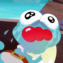 a blue cartoon character with big eyes and a red nose