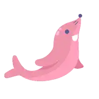 a cartoon illustration of a pink seal with a blue nose