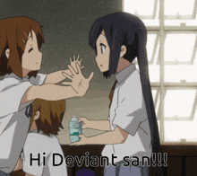a group of anime girls standing next to each other with the words hi deviant san