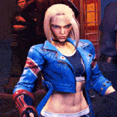 a blonde woman wearing a blue jacket and a choker is standing in front of a phone booth