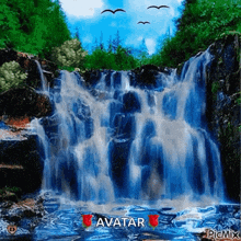 a waterfall in the middle of a forest with birds flying around it