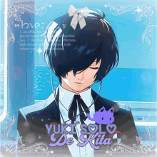 a picture of yuki solo de kita with a bow on his hair