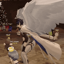 a person with angel wings is standing in front of a christmas tree and has the username vian constell on their profile