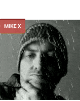 a picture of a man in the rain with the name mike x on the bottom