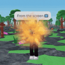 a person in a video game with a speech bubble that says " from the screen "