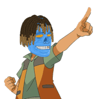 a cartoon of a man with dreadlocks and a blue mask pointing up