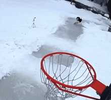 a person playing basketball in the snow with a basketball in the net