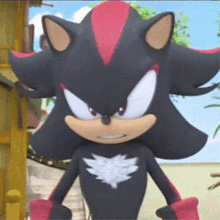 shadow the hedgehog from sonic the hedgehog stands in front of a building