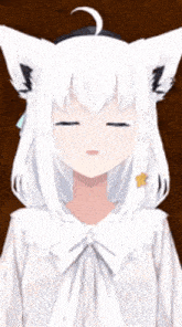 a girl with white hair and black ears is wearing a white shirt and a bow tie .