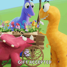 two cartoon dinosaurs are standing next to a cart full of flowers and the words gift accepted are above them
