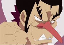 a cartoon character with a long red nose is making a funny face