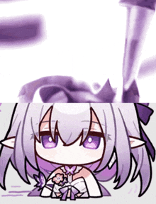 a cartoon of a girl with purple hair and a butterfly on her hand