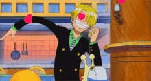 a cartoon character with a heart on his eye is talking on a phone