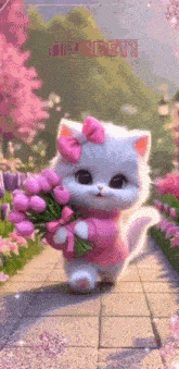 a white cat with a pink bow is holding a bouquet of pink flowers .
