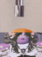 a close up of a cartoon character with a purple flower on his head