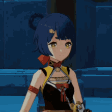 a girl with blue hair and yellow eyes is wearing a black and yellow dress
