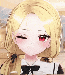 a girl with blonde hair and red eyes is holding a cup of coffee